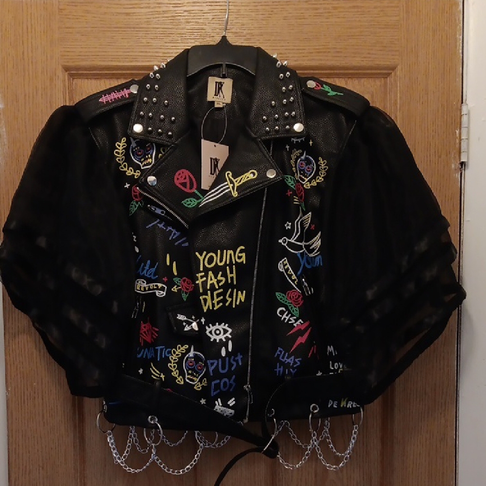 Black Studded Pleather Jacket with Colorful Embroidery
